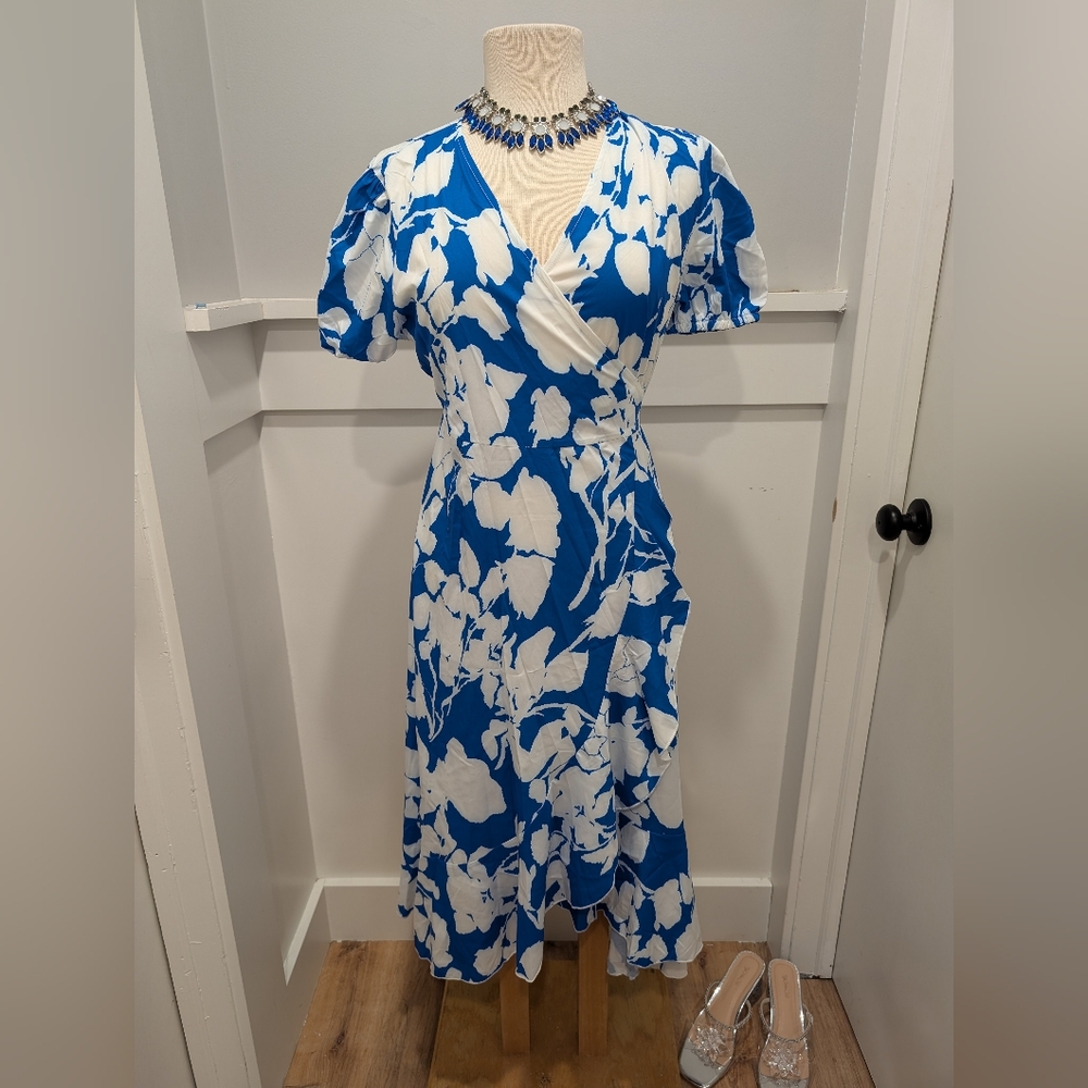 Blue and White Puff Sleeve Wrap Midi Dress